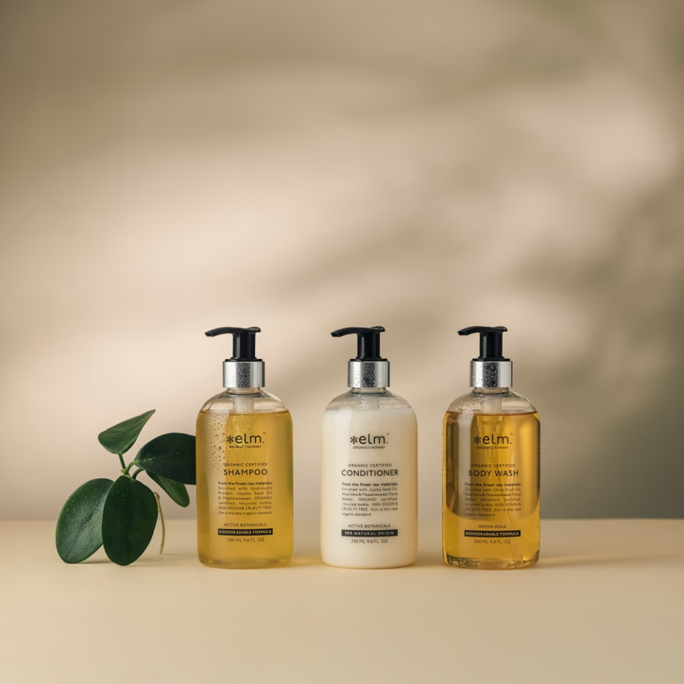 Elm Organics shampo, balsam og body wash